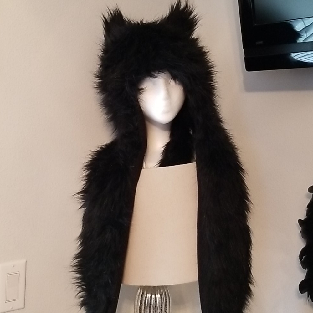 New! Ears! Tail! Fur Hat with Long Pocketed Sides